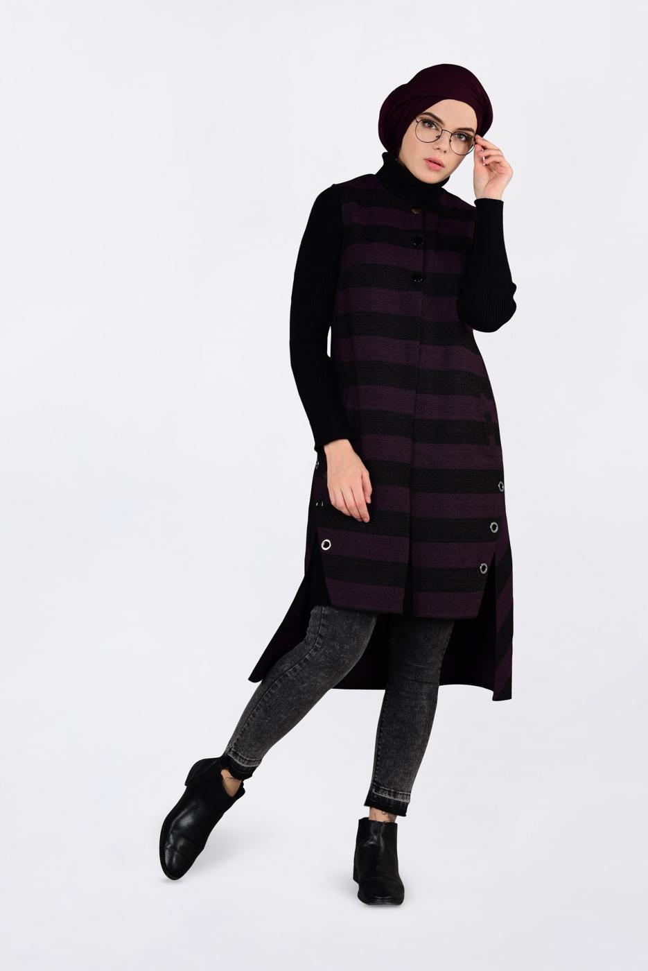 Tesettür giyim MÜRDÜM KUŞGÖZÜ DETAYLI YATAY ŞERİTLİ YELEK 4749