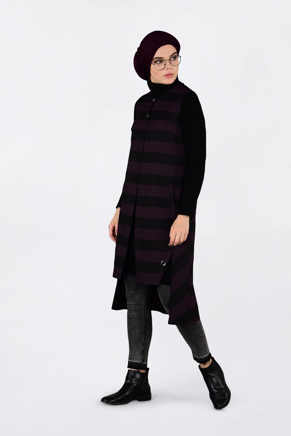 Tesettür giyim MÜRDÜM KUŞGÖZÜ DETAYLI YATAY ŞERİTLİ YELEK 4749