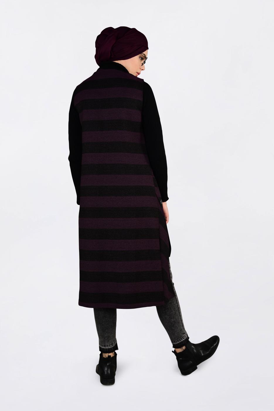 Tesettür giyim MÜRDÜM KUŞGÖZÜ DETAYLI YATAY ŞERİTLİ YELEK 4749