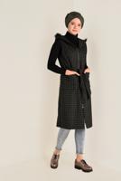 Tesettür giyim HAKİ KAZAYAĞI DESENLİ KAPÜŞONU SUNİ KÜRK DETAYLI YELEK 4750