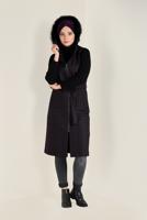 Tesettür giyim MÜRDÜM KAZAYAĞI DESENLİ KAPÜŞONU SUNİ KÜRK DETAYLI YELEK 4750