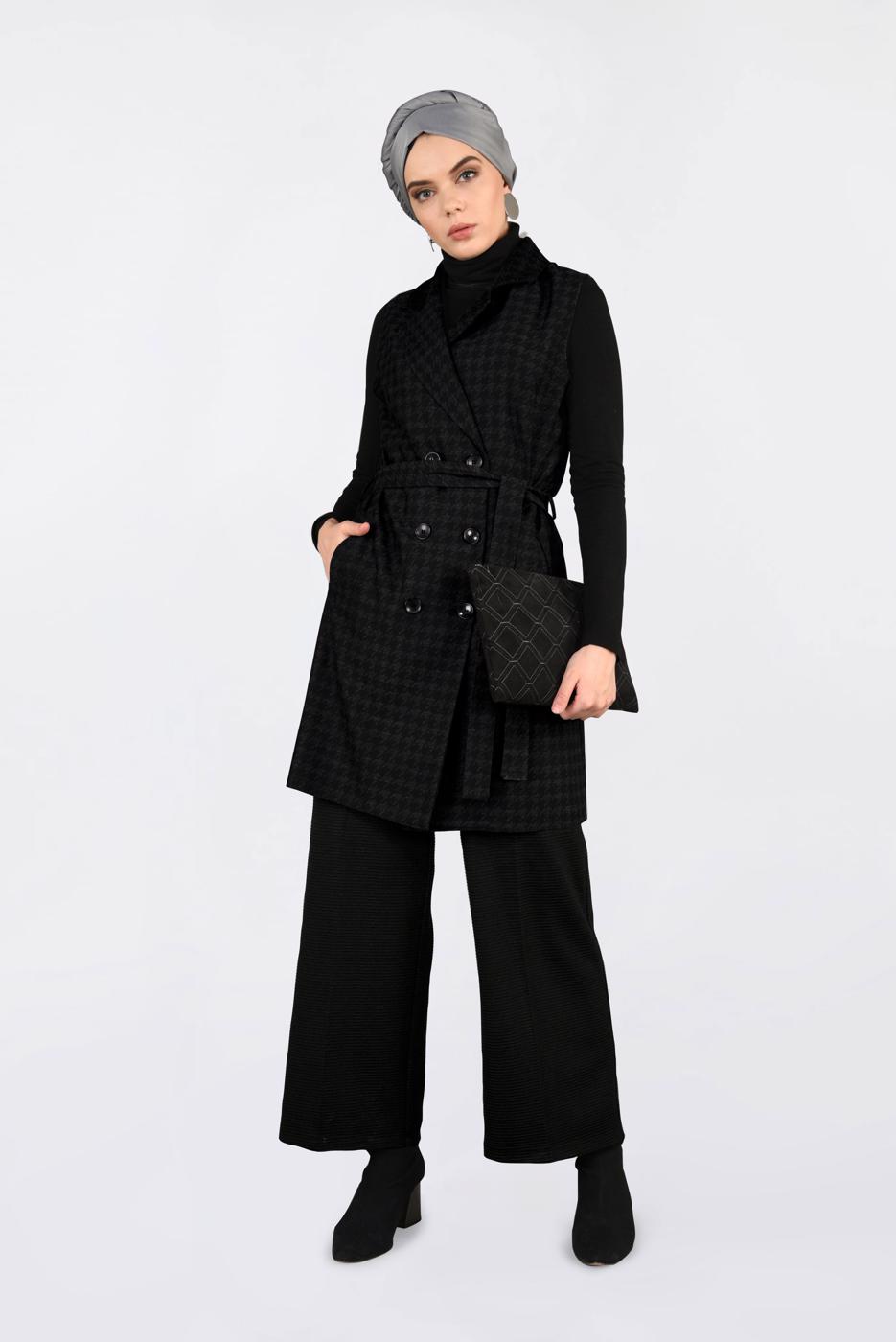 Tesettür giyim SİYAH KAZAYAĞI DESENLİ KRUVAZE YELEK 4751