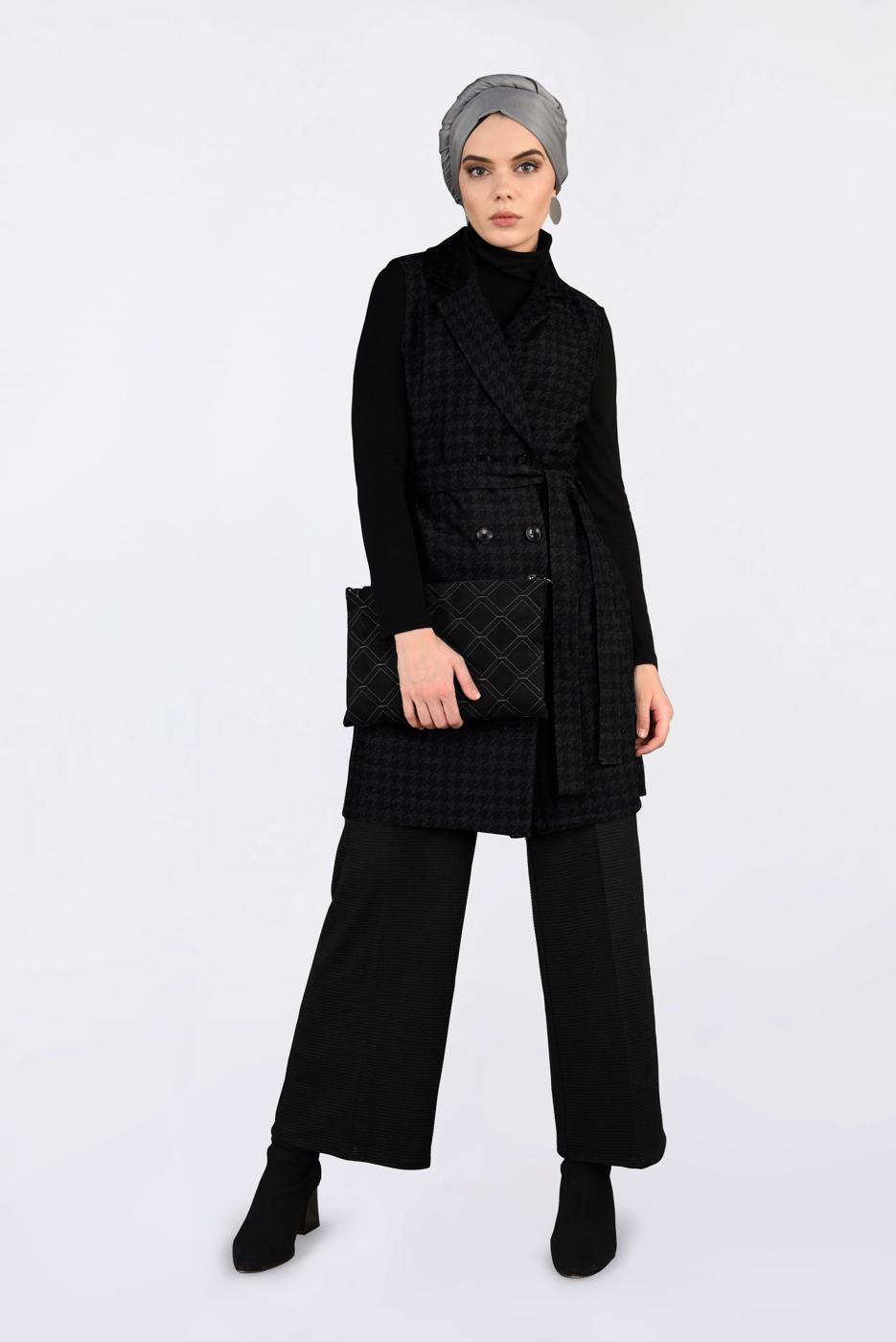 Tesettür giyim SİYAH KAZAYAĞI DESENLİ KRUVAZE YELEK 4751