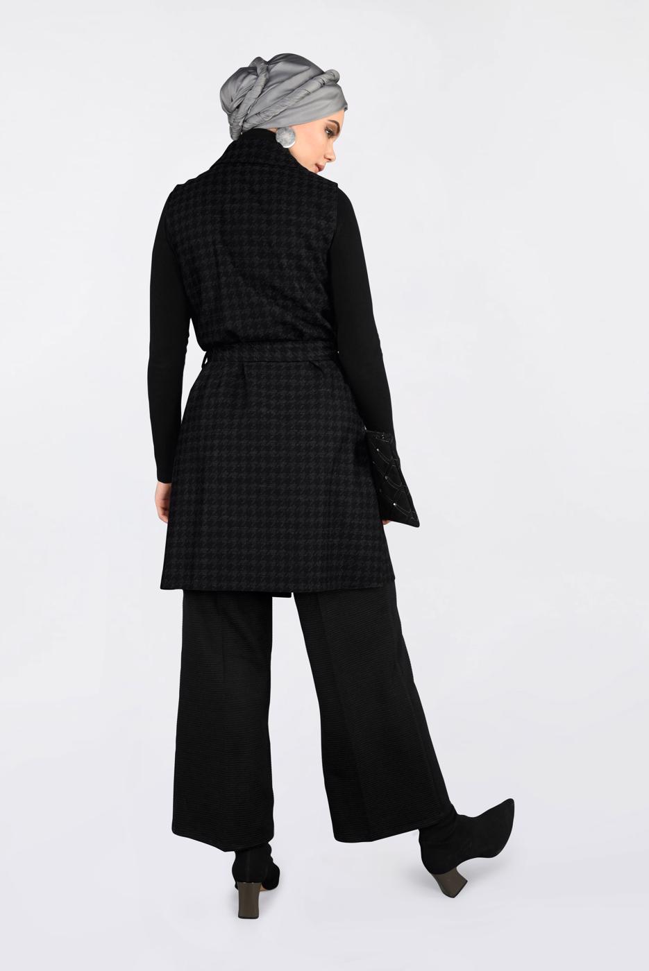 Tesettür giyim SİYAH KAZAYAĞI DESENLİ KRUVAZE YELEK 4751