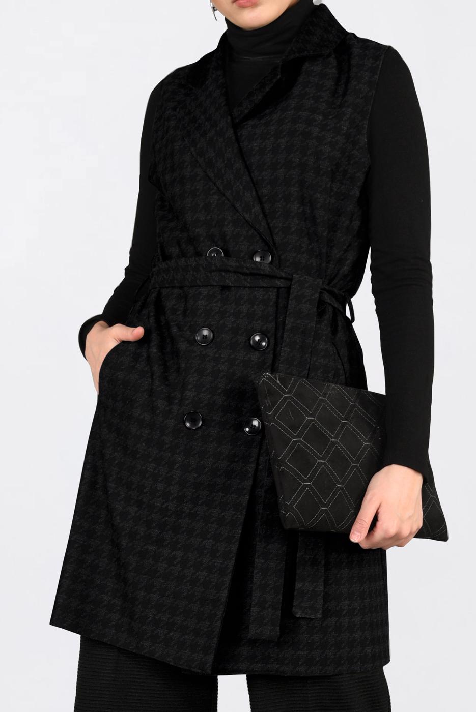 Tesettür giyim SİYAH KAZAYAĞI DESENLİ KRUVAZE YELEK 4751