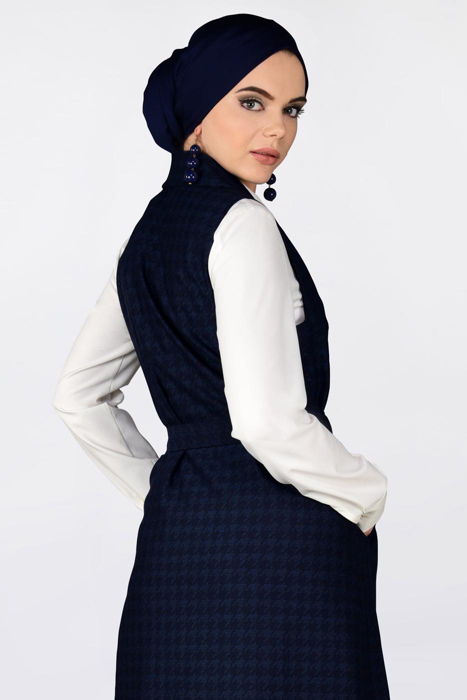 Tesettür giyim LACİVERT KAZAYAĞI DESENLİ KRUVAZE YELEK 4751