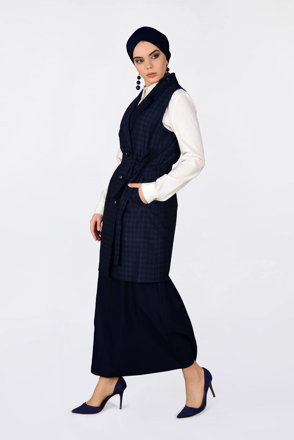 Tesettür giyim LACİVERT KAZAYAĞI DESENLİ KRUVAZE YELEK 4751