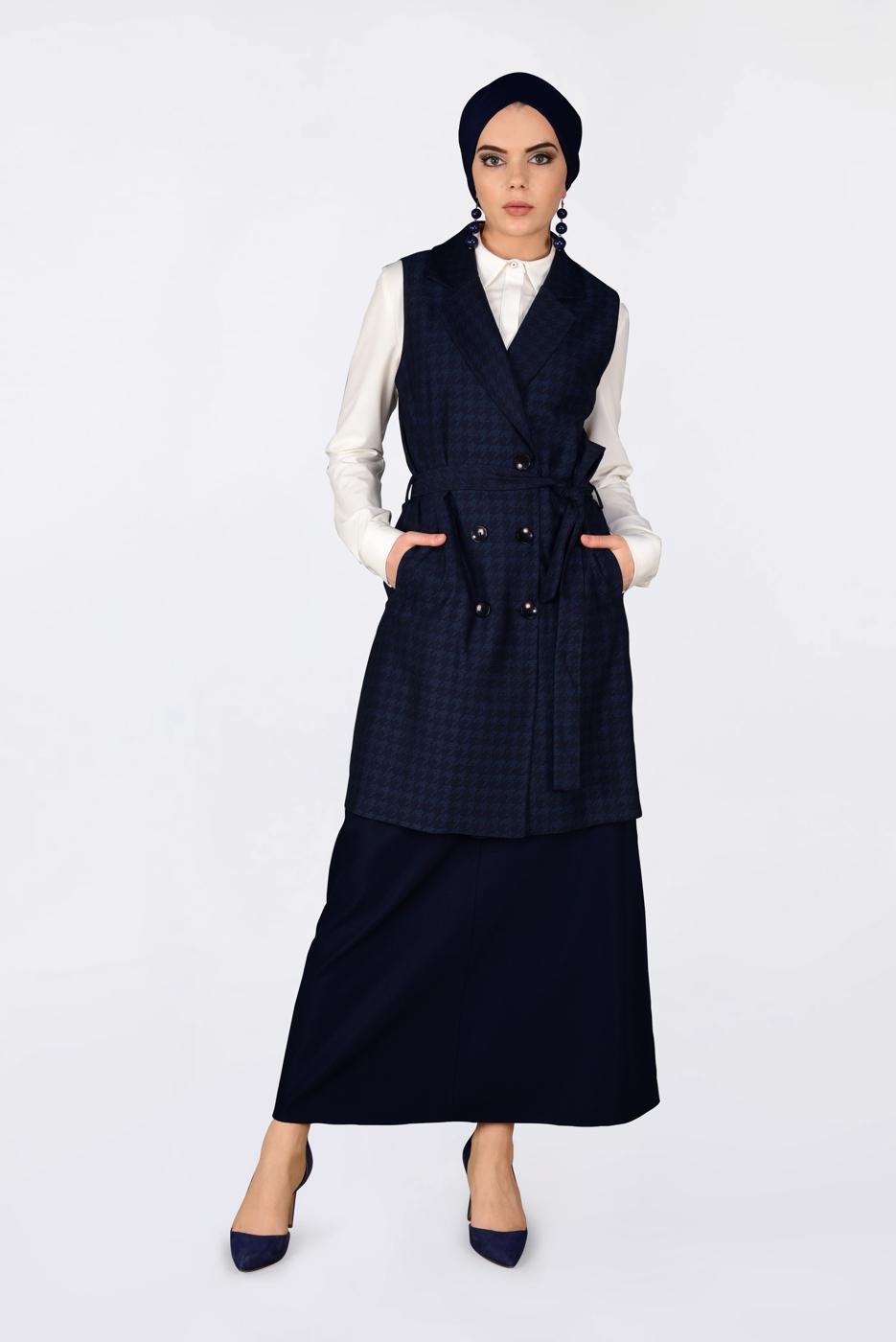 Tesettür giyim LACİVERT KAZAYAĞI DESENLİ KRUVAZE YELEK 4751