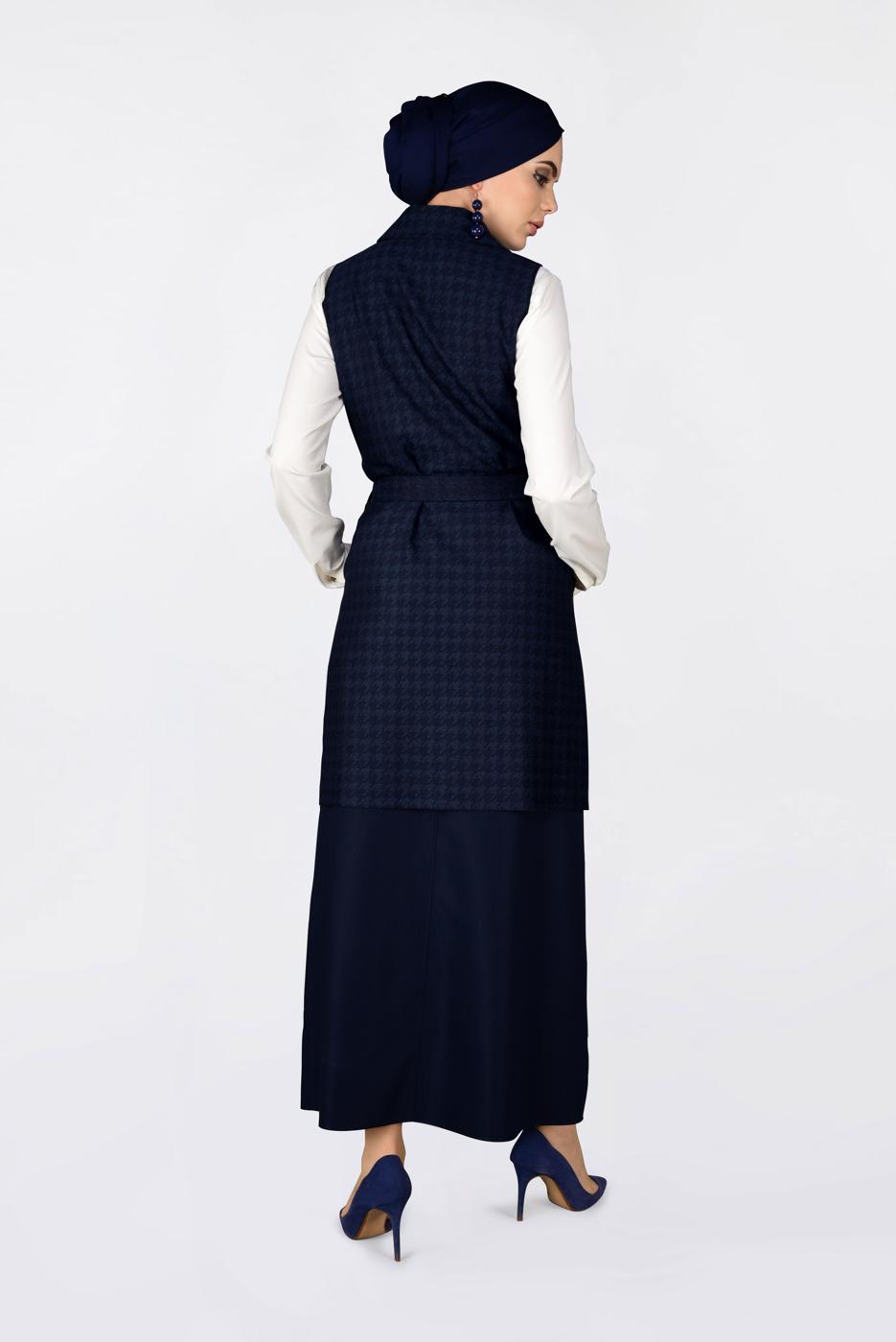 Tesettür giyim LACİVERT KAZAYAĞI DESENLİ KRUVAZE YELEK 4751