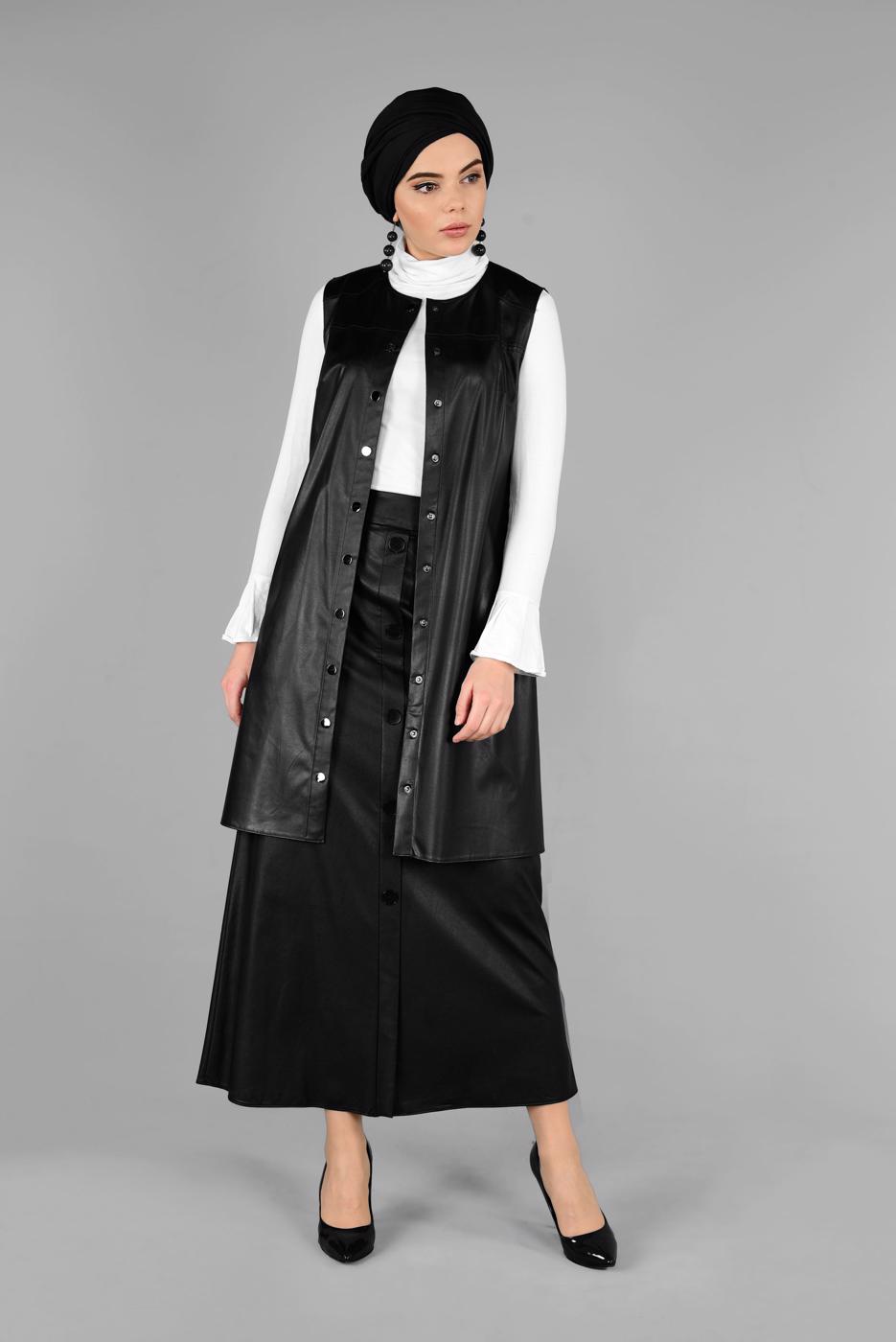 Tesettür giyim SİYAH ZIMBALI DERİ YELEK 4775