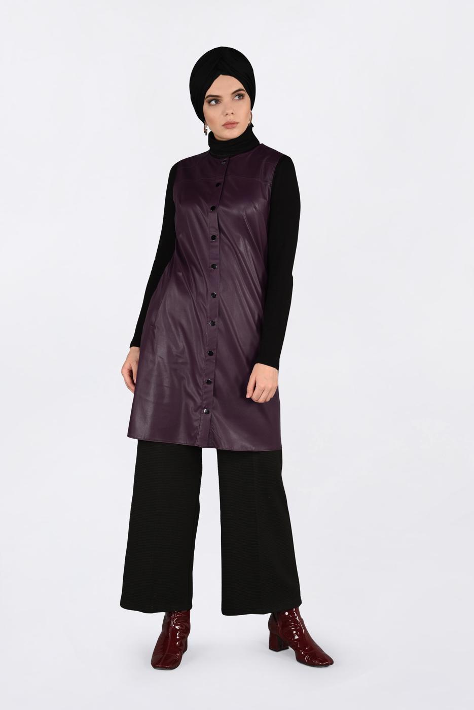 Tesettür giyim BORDO ZIMBALI DERİ YELEK 4775