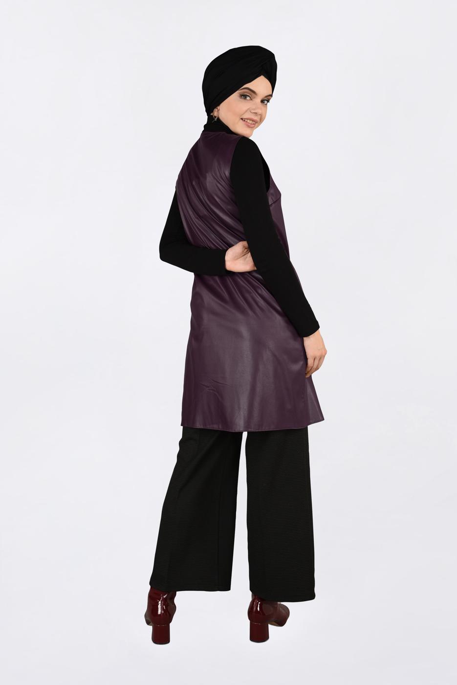 Tesettür giyim BORDO ZIMBALI DERİ YELEK 4775
