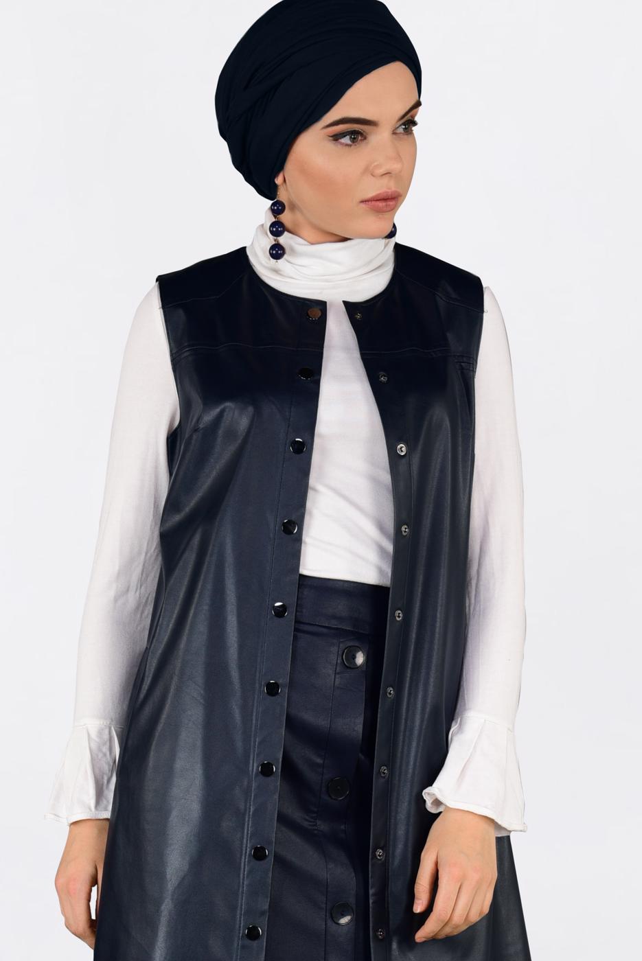 Tesettür giyim LACİVERT ZIMBALI DERİ YELEK 4775