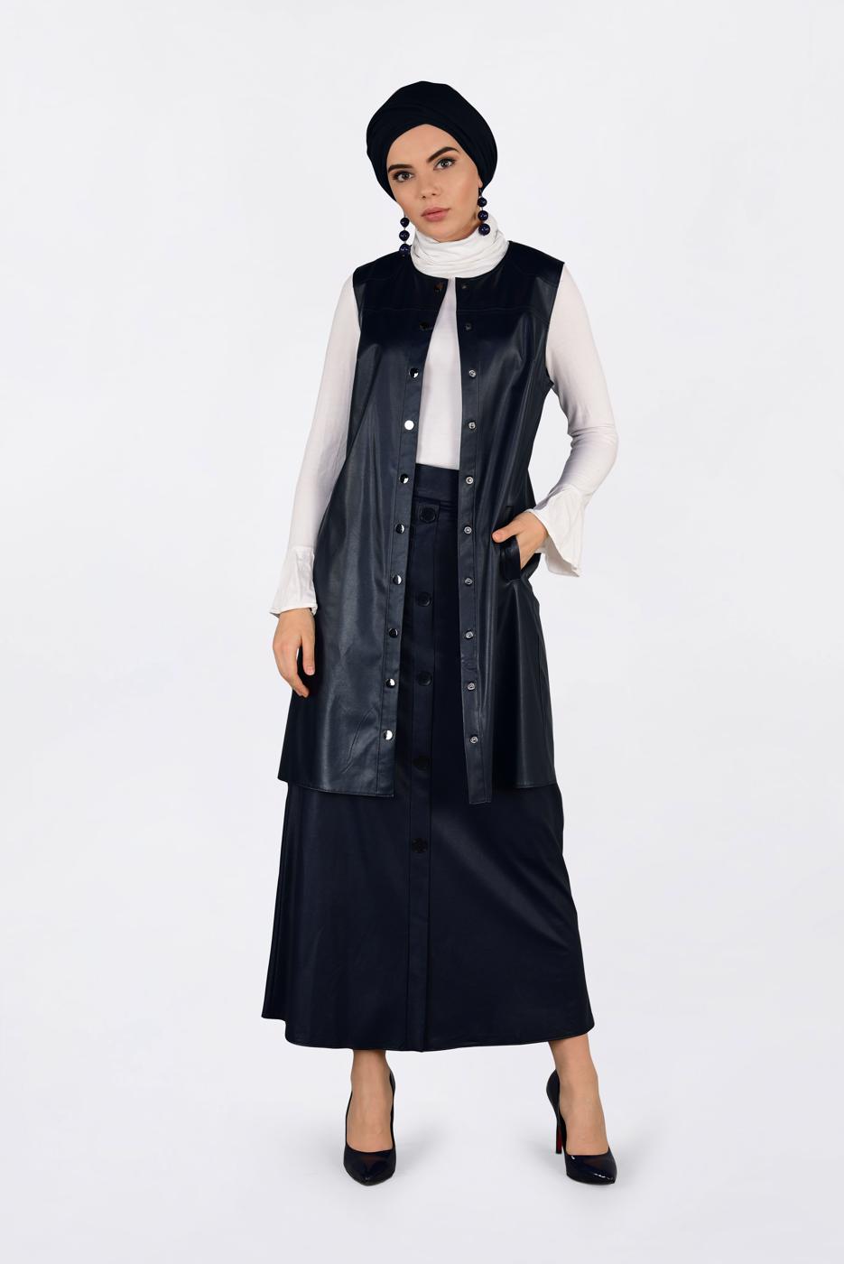 Tesettür giyim LACİVERT ZIMBALI DERİ YELEK 4775