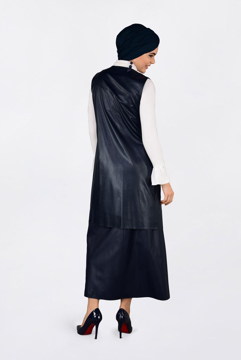 Tesettür giyim LACİVERT ZIMBALI DERİ YELEK 4775