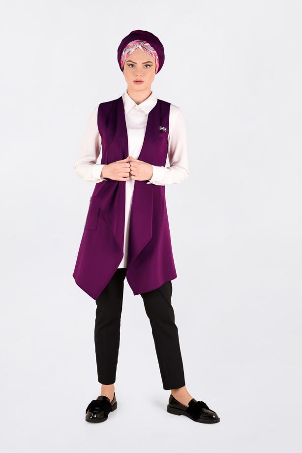 Tesettür giyim MOR ASİMETRİK KESİM SALAŞ YAKA YELEK 4795 - TRENDTESETTÜR