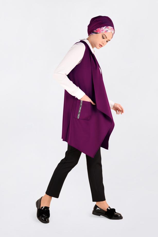 Tesettür giyim MOR ASİMETRİK KESİM SALAŞ YAKA YELEK 4795 - TRENDTESETTÜR
