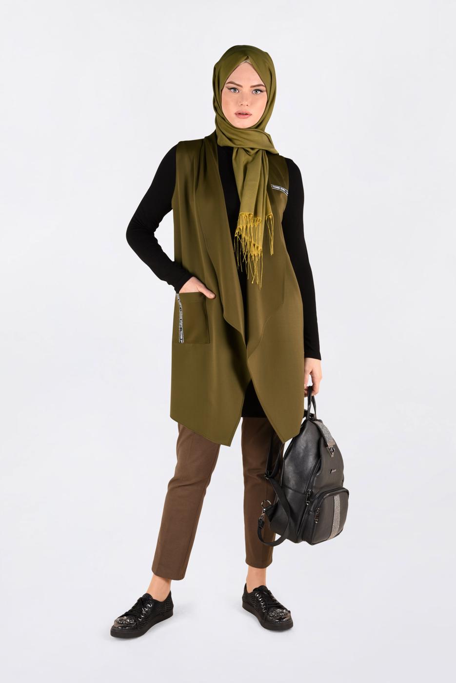 Tesettür giyim YEŞİL ASİMETRİK KESİM SALAŞ YAKA YELEK 4795