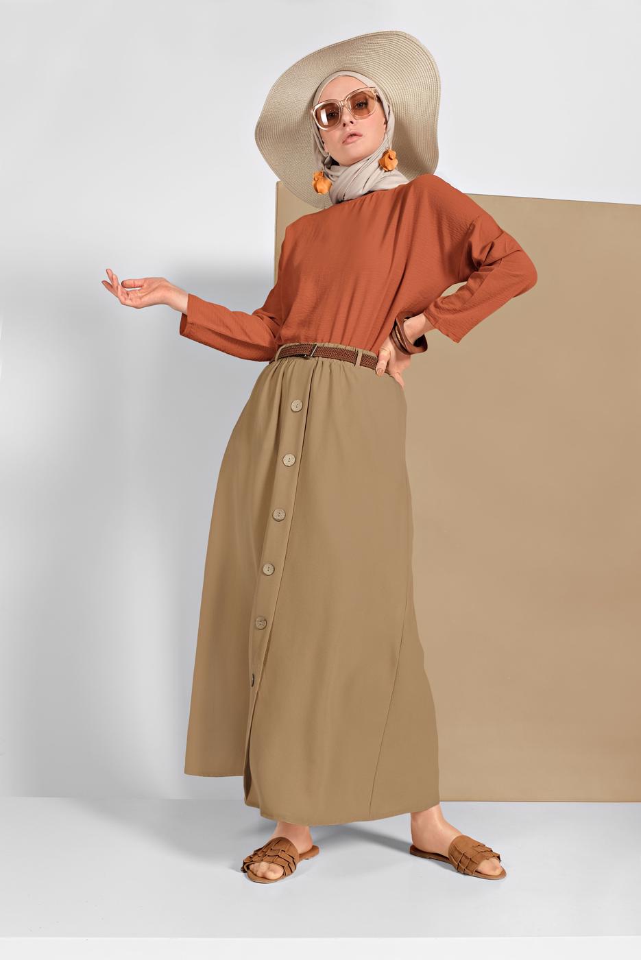 Tesettür giyim KAHVE DÜĞME DETAYLI ETEK 53100