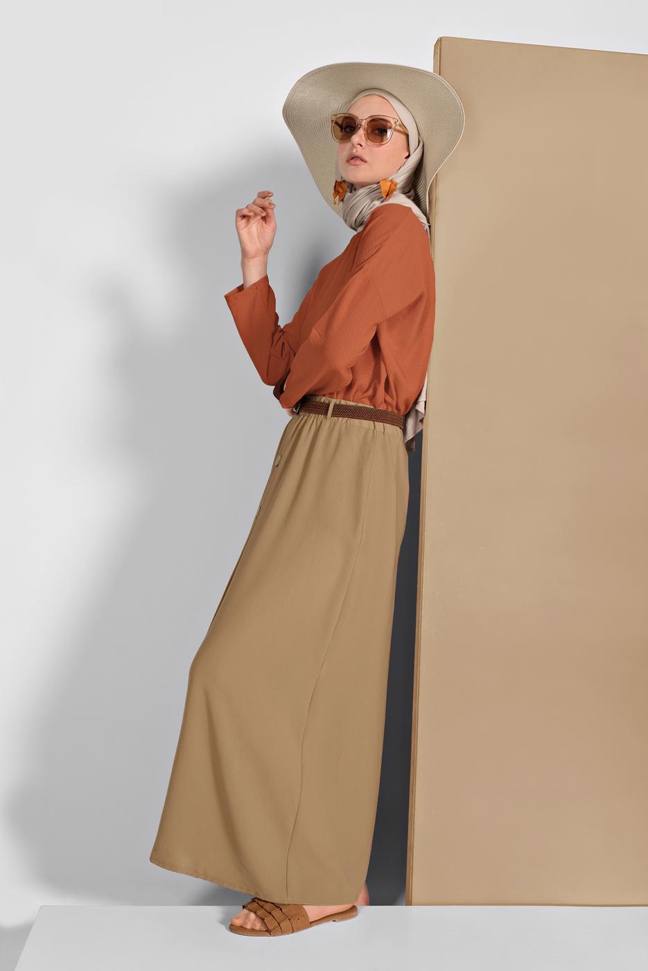 Tesettür giyim KAHVE DÜĞME DETAYLI ETEK 53100