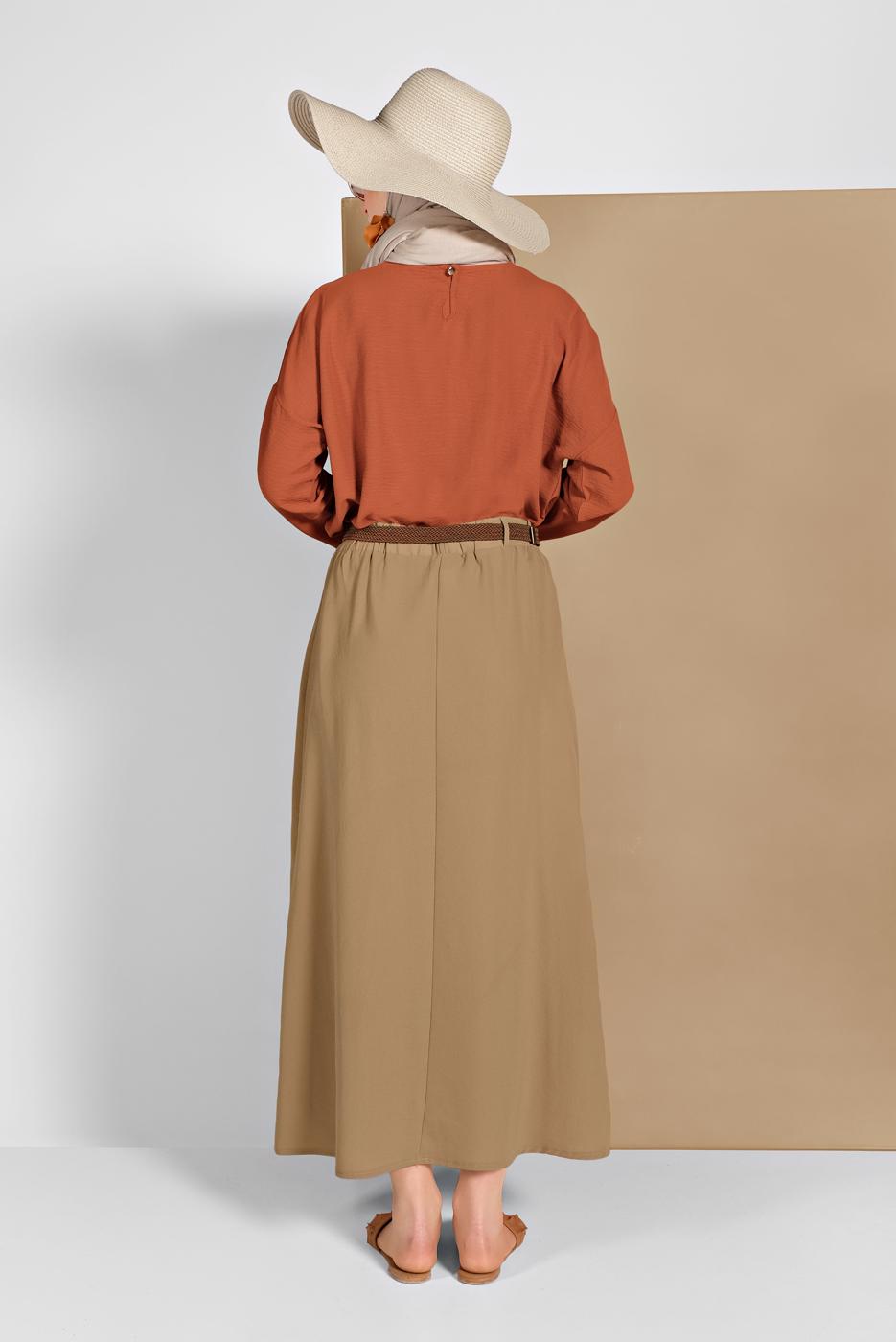 Tesettür giyim KAHVE DÜĞME DETAYLI ETEK 53100