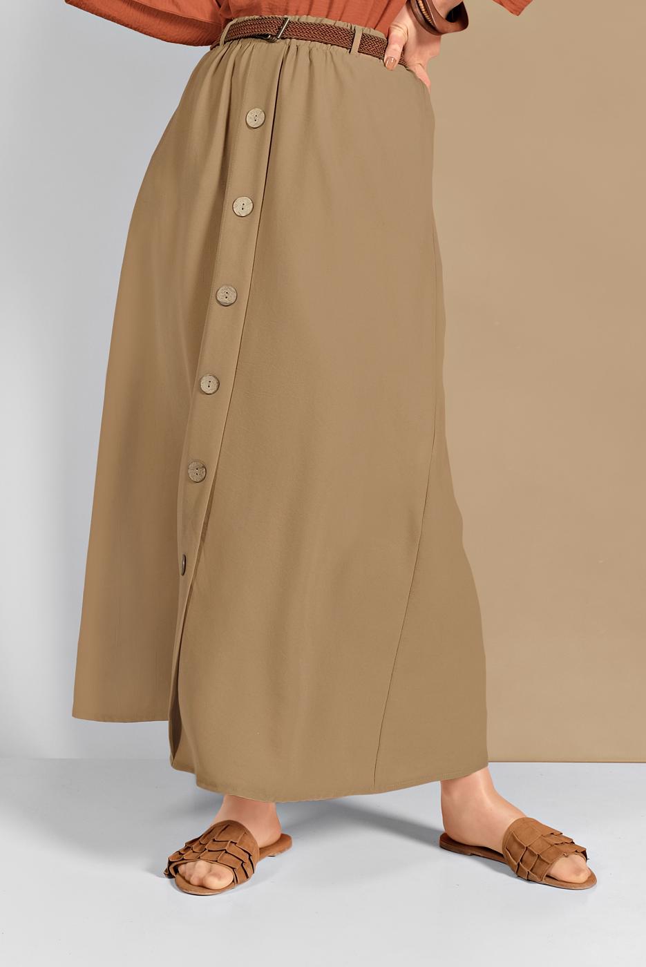 Tesettür giyim KAHVE DÜĞME DETAYLI ETEK 53100