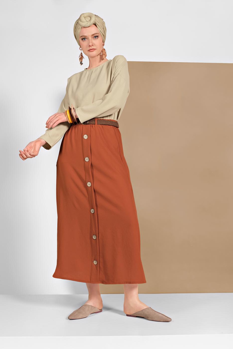 Tesettür giyim KAHVE DÜĞME DETAYLI ETEK 53100