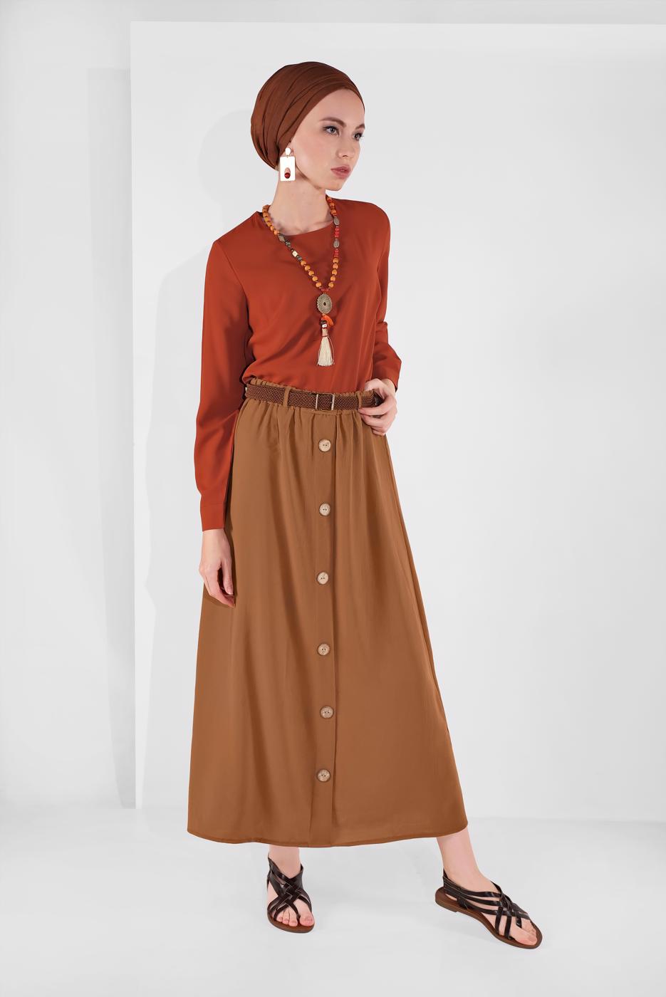 Tesettür giyim TABA DÜĞME DETAYLI ETEK 53100