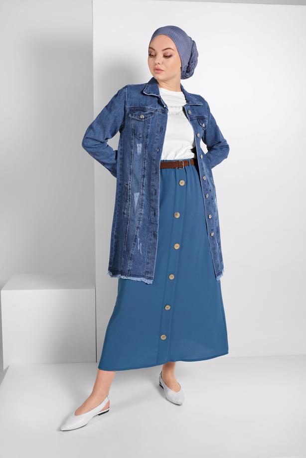 Tesettür giyim  püskül detaylı denim havası - TRENDTESETTÜR