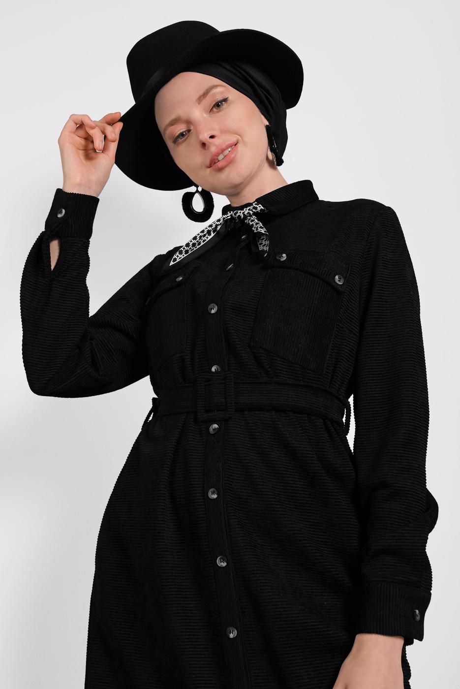 Tesettür giyim SİYAH ALVİNA KEMERLİ KADİFE TUNİK 40285