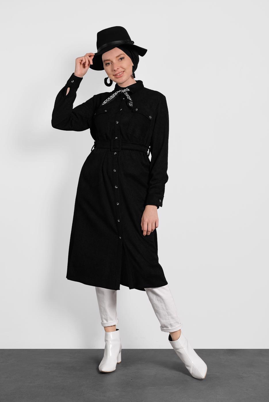 Tesettür giyim SİYAH ALVİNA KEMERLİ KADİFE TUNİK 40285