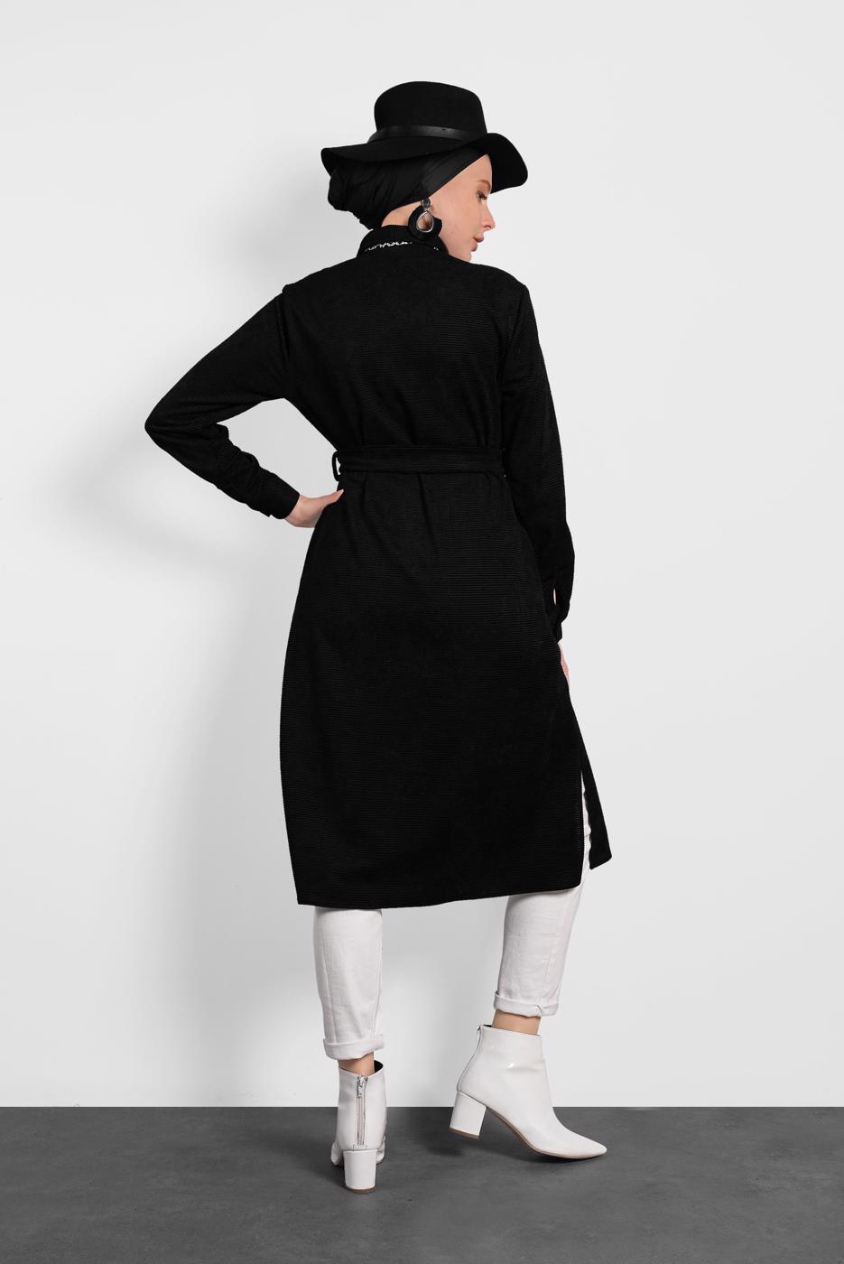 Tesettür giyim SİYAH ALVİNA KEMERLİ KADİFE TUNİK 40285