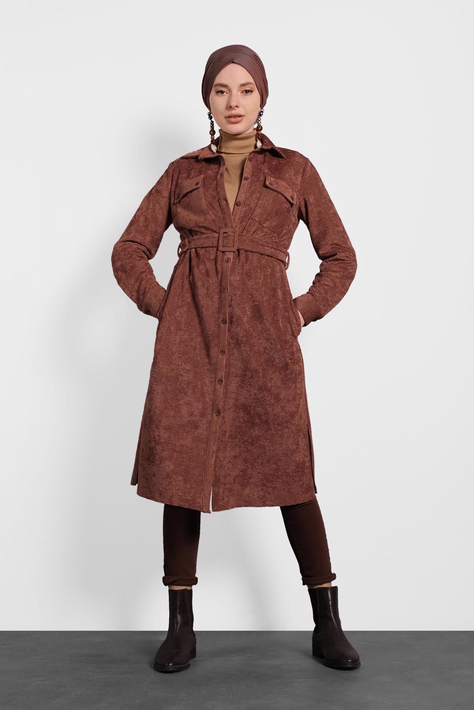 Tesettür giyim KAHVE ALVİNA KEMERLİ KADİFE TUNİK 40285