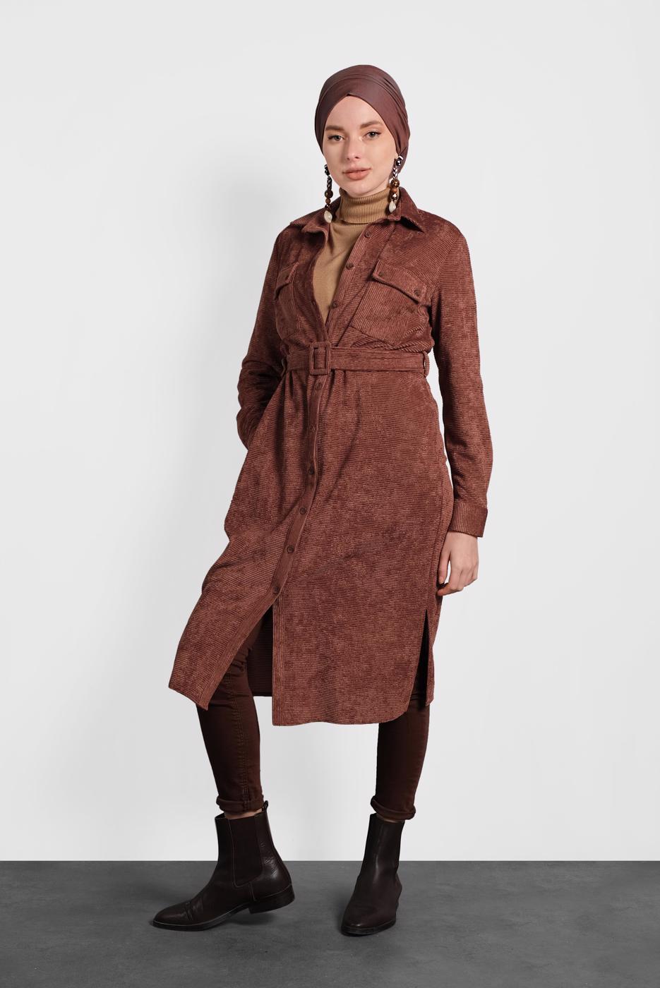Tesettür giyim KAHVE ALVİNA KEMERLİ KADİFE TUNİK 40285