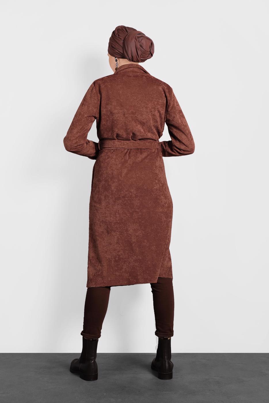 Tesettür giyim KAHVE ALVİNA KEMERLİ KADİFE TUNİK 40285