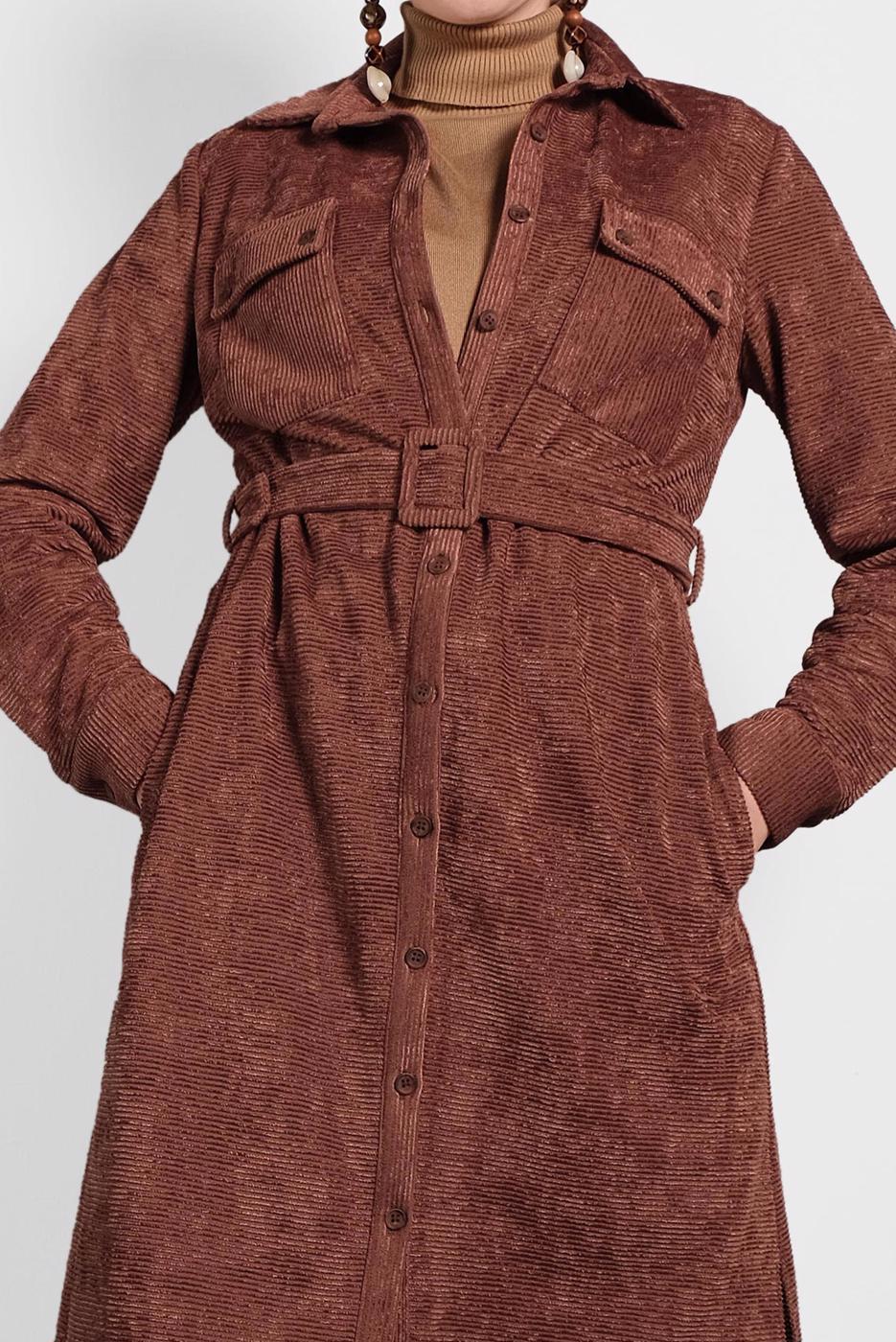 Tesettür giyim KAHVE ALVİNA KEMERLİ KADİFE TUNİK 40285