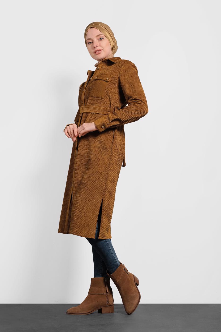 Tesettür giyim TABA ALVİNA KEMERLİ KADİFE TUNİK 40285
