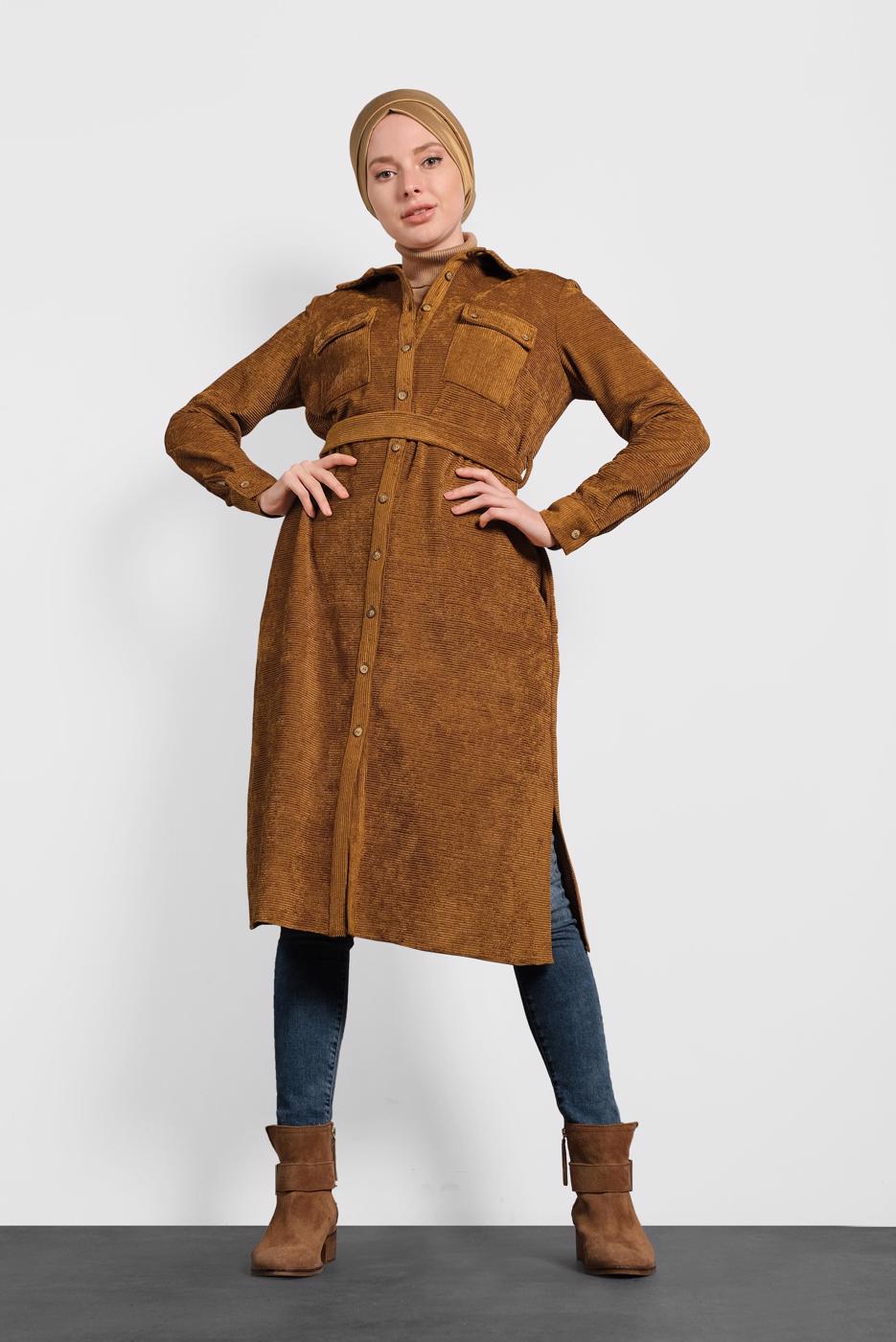 Tesettür giyim TABA ALVİNA KEMERLİ KADİFE TUNİK 40285