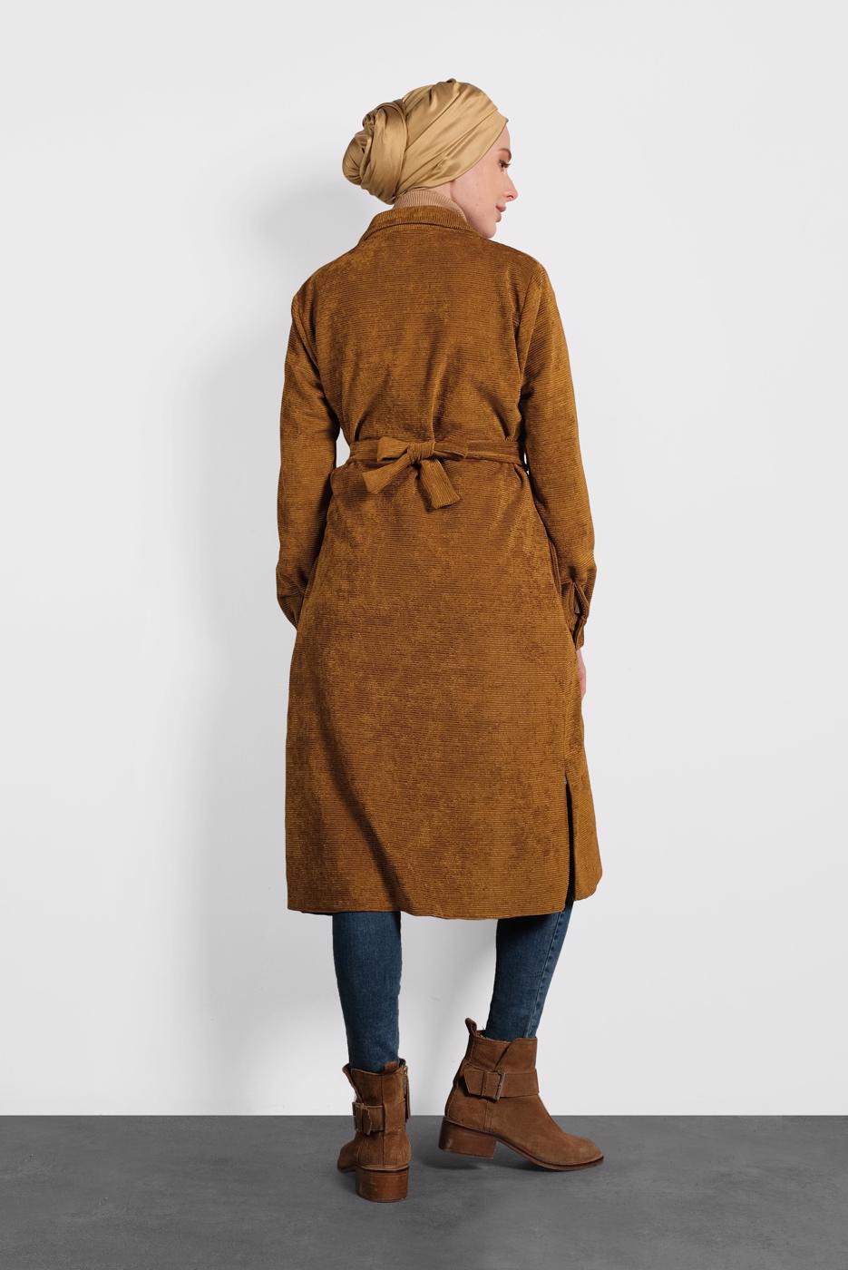 Tesettür giyim TABA ALVİNA KEMERLİ KADİFE TUNİK 40285