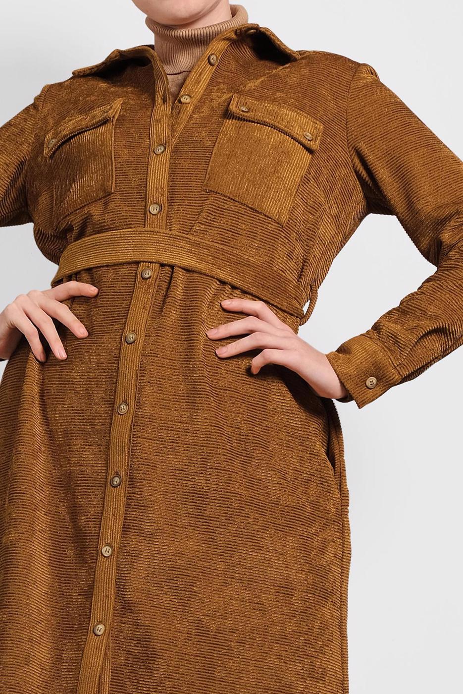 Tesettür giyim TABA ALVİNA KEMERLİ KADİFE TUNİK 40285