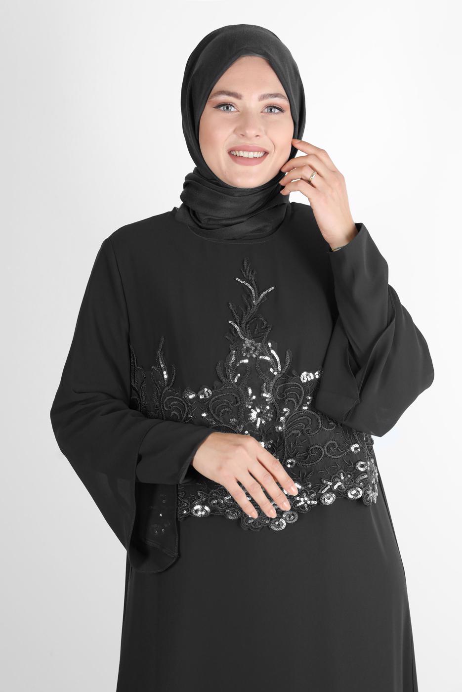 Tesettür giyim SİYAH ALVİNA ŞİFON İKİLİ ABİYE ELBİSE T 5600
