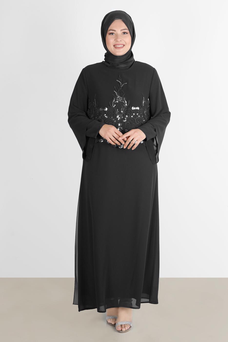Tesettür giyim SİYAH ALVİNA ŞİFON İKİLİ ABİYE ELBİSE T 5600