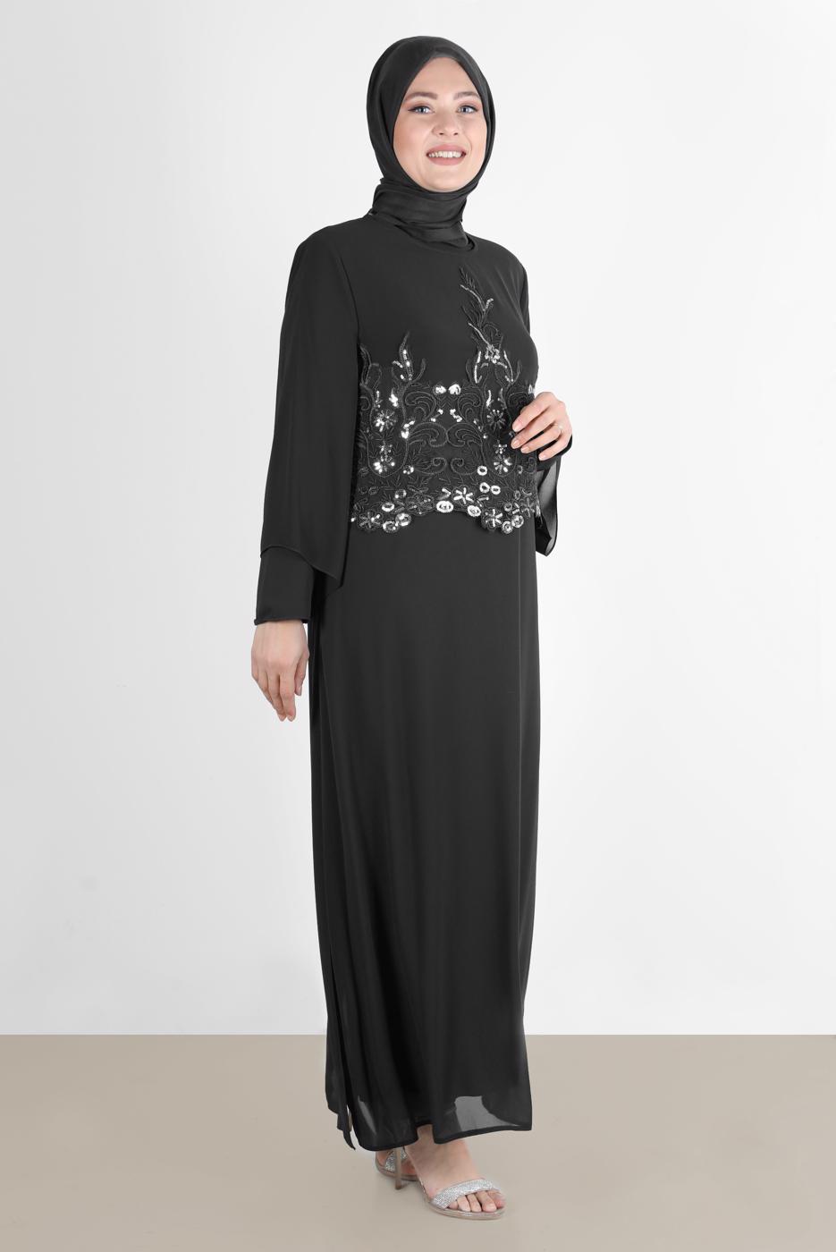 Tesettür giyim SİYAH ALVİNA ŞİFON İKİLİ ABİYE ELBİSE T 5600