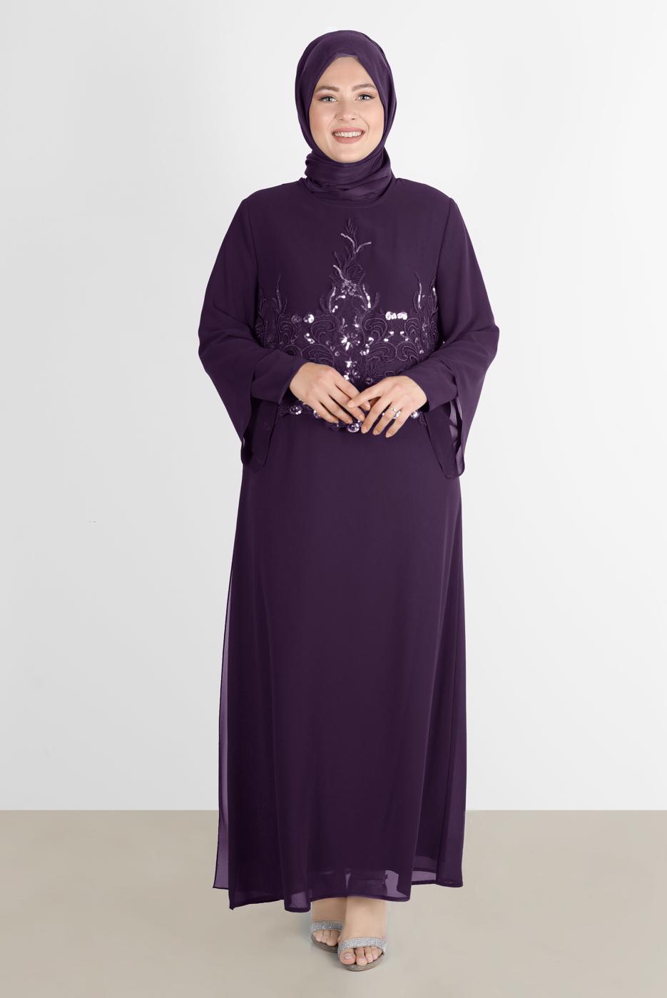 Tesettür giyim MÜRDÜM ALVİNA ŞİFON İKİLİ ABİYE ELBİSE T 5600