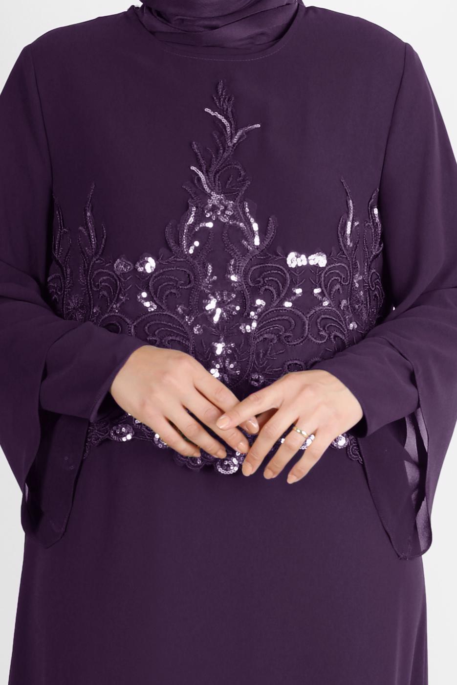 Tesettür giyim MÜRDÜM ALVİNA ŞİFON İKİLİ ABİYE ELBİSE T 5600