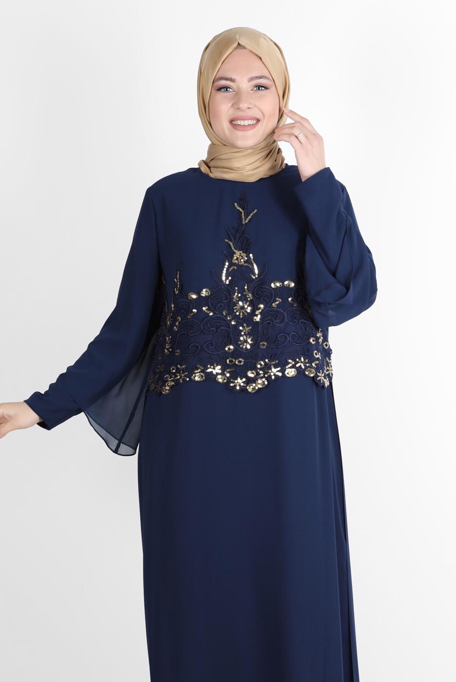 Tesettür giyim LACİVERT ALVİNA ŞİFON İKİLİ ABİYE ELBİSE T 5600