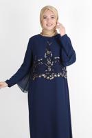 Tesettür giyim LACİVERT ALVİNA ŞİFON İKİLİ ABİYE ELBİSE T 5600