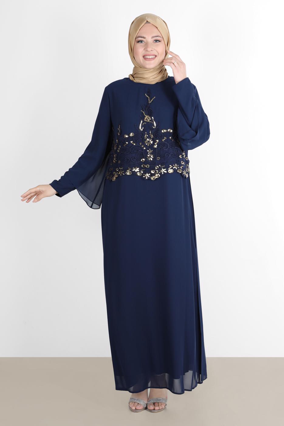 Tesettür giyim LACİVERT ALVİNA ŞİFON İKİLİ ABİYE ELBİSE T 5600