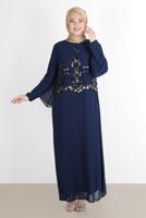 Tesettür giyim LACİVERT ALVİNA ŞİFON İKİLİ ABİYE ELBİSE T 5600