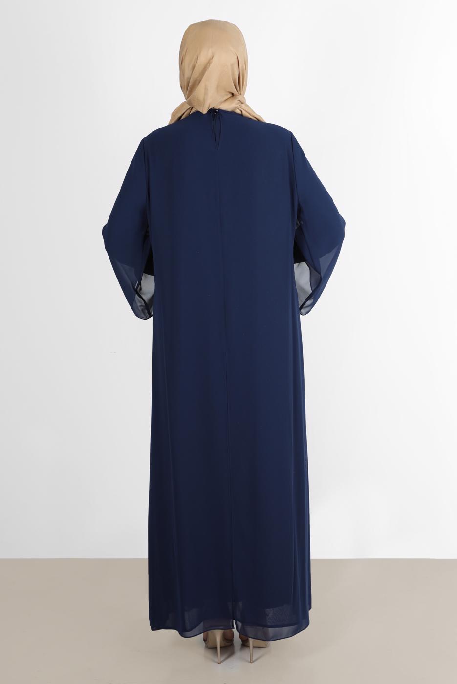 Tesettür giyim LACİVERT ALVİNA ŞİFON İKİLİ ABİYE ELBİSE T 5600